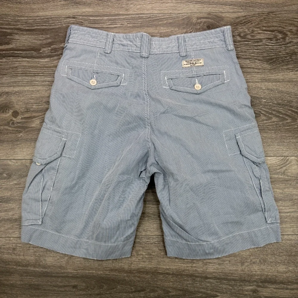 Polo Cargo Shorts Mens 35 White Blue Pinstripe Cotton Classic Y2K Baggy Loose